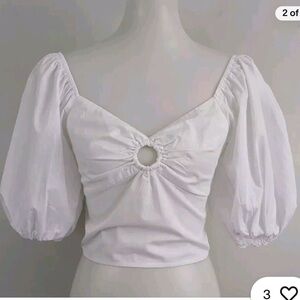 Abercrombie & Fitch Puff Sleeve Top White Cotton Crop O Ring Smocked Stretch